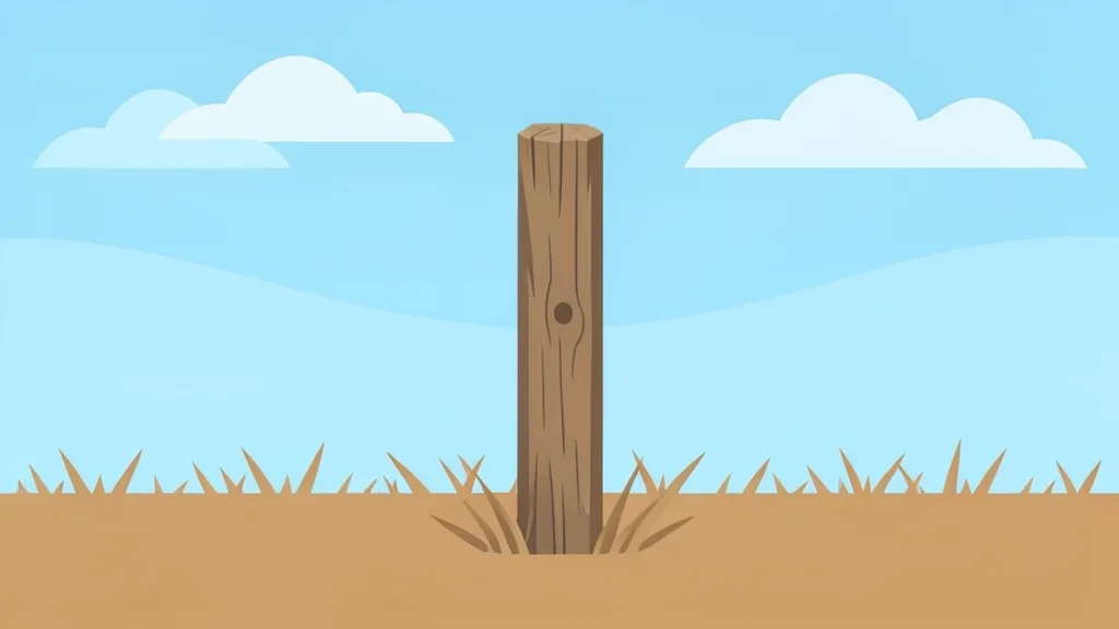 A weathered wooden fence post standing in a dry, grassy field under a bright sky