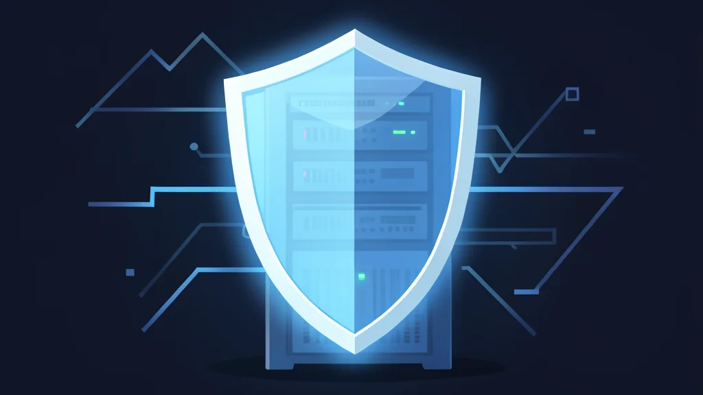 A digital shield protecting a glowing server rack