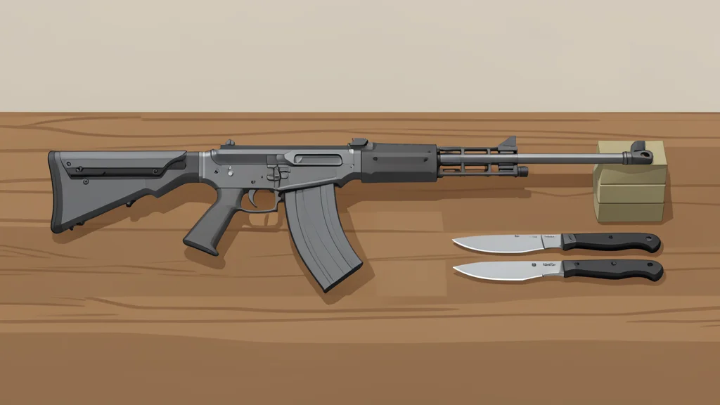 A semi-automatic rifle resting on a wooden table next to a stack of ammunition boxes and a set of knives.