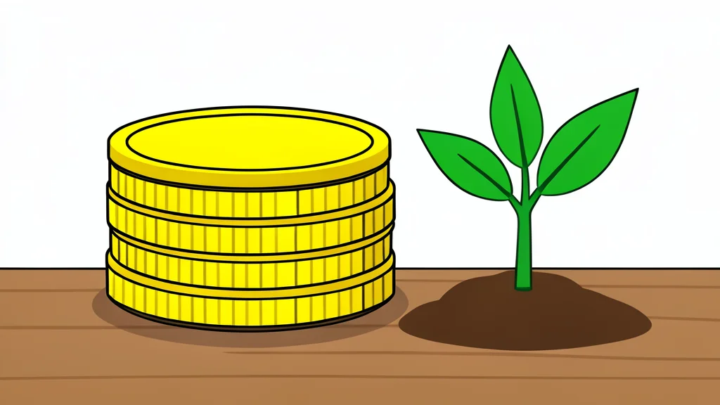 A stack of gold coins sits next to a small green plant sprouting from the soil.