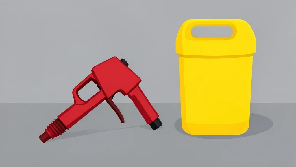 A red fuel pump nozzle resting on a concrete surface next to a yellow plastic container