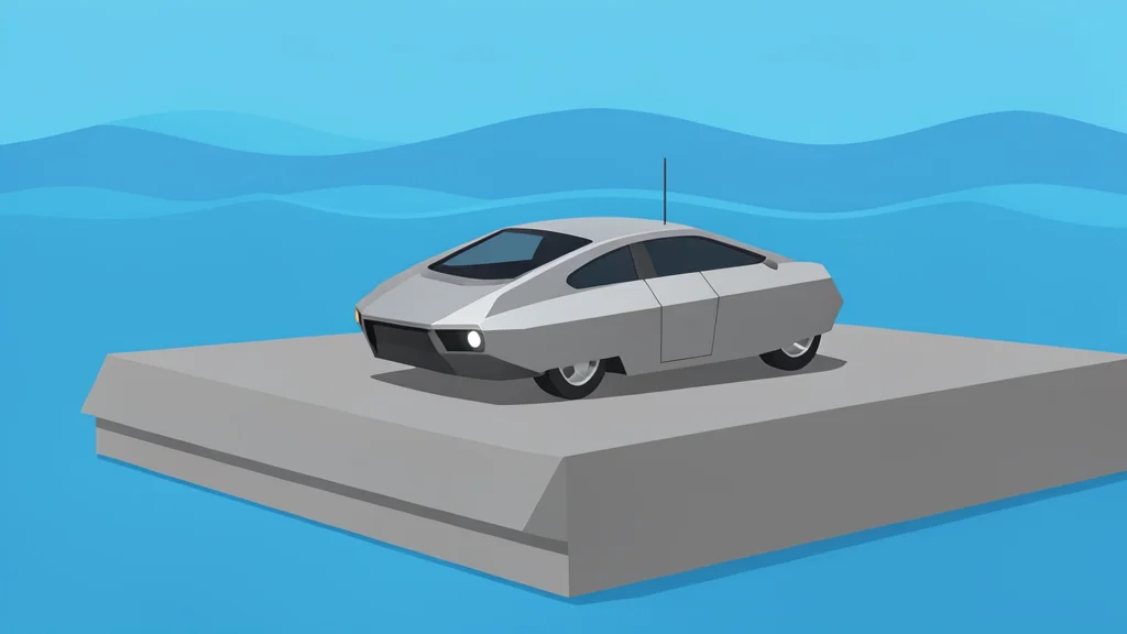 A sleek, metallic autonomous underwater vehicle resting on a concrete dock near the water's edge