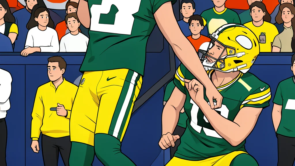 A green and gold football resting on a grass field