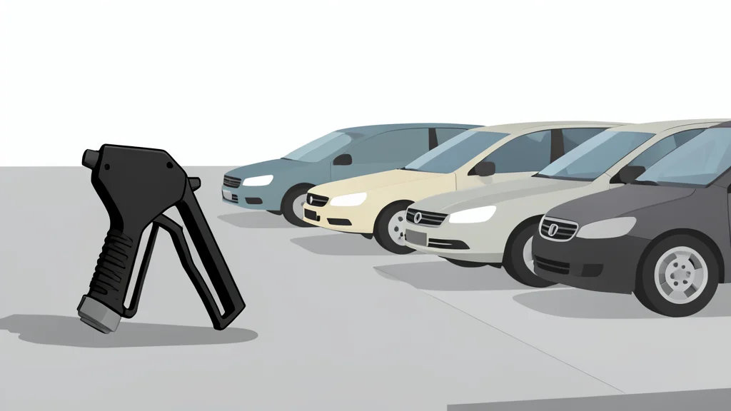 A fuel pump nozzle resting on a concrete surface next to a row of parked cars