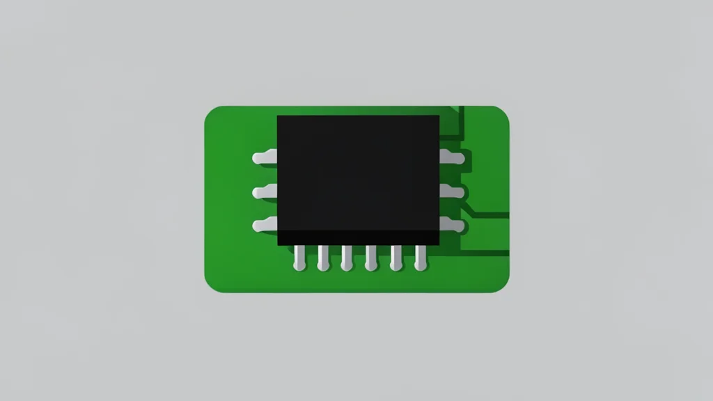 A close-up of a small, black square microchip with metallic pins resting on a green circuit board