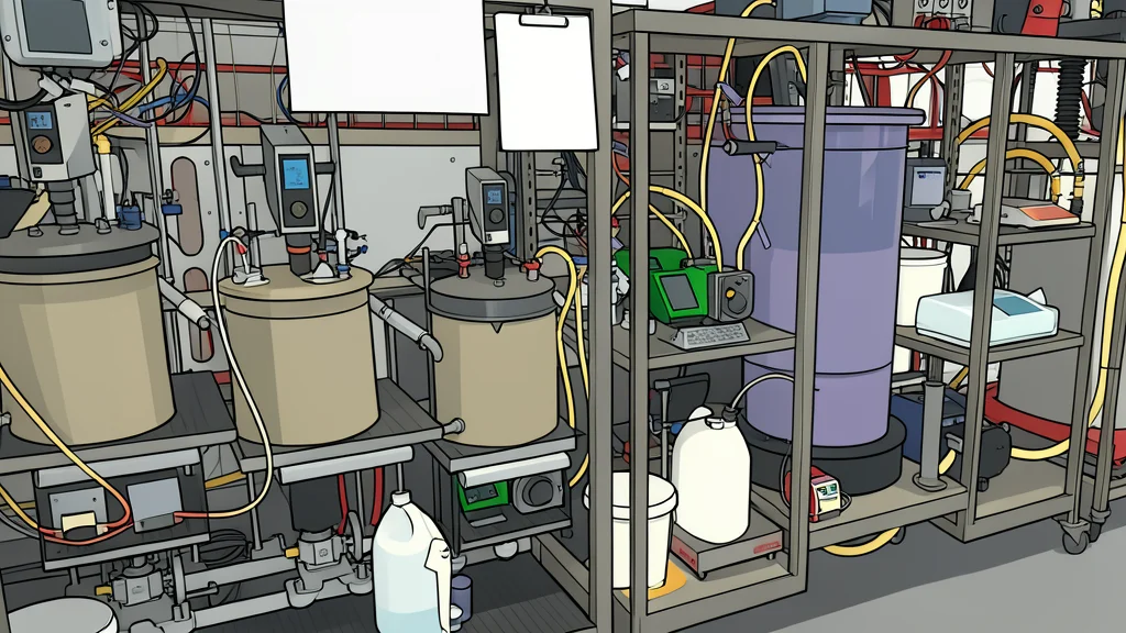 A pile of grey, granular mineral powder next to a small glass beaker containing a clear liquid