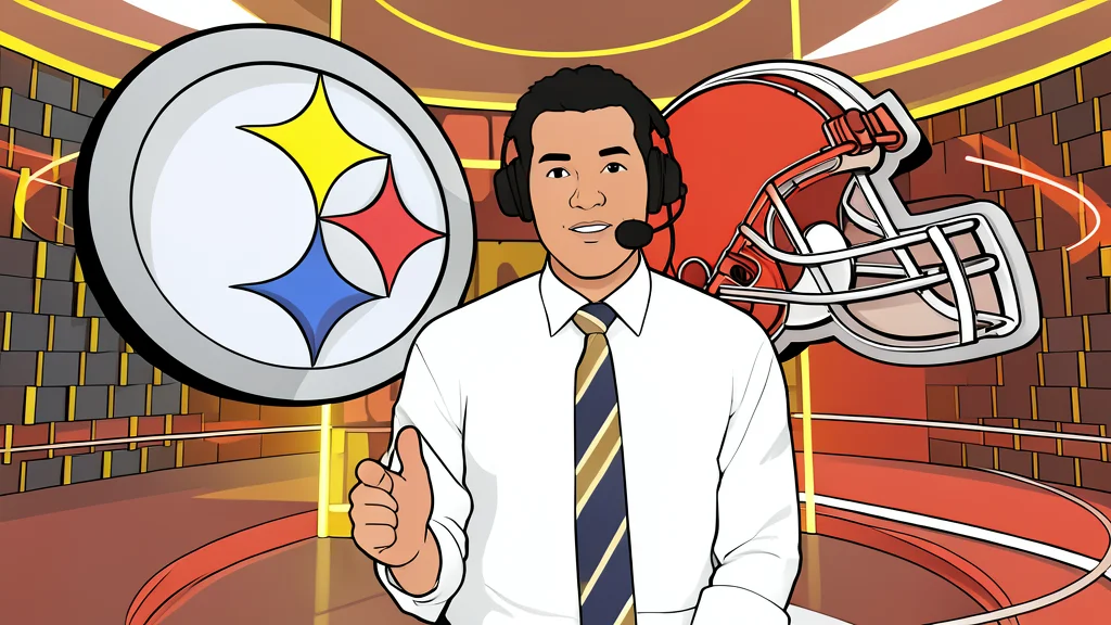 A professional sports broadcast booth featuring microphones and headsets in a flat-vector style