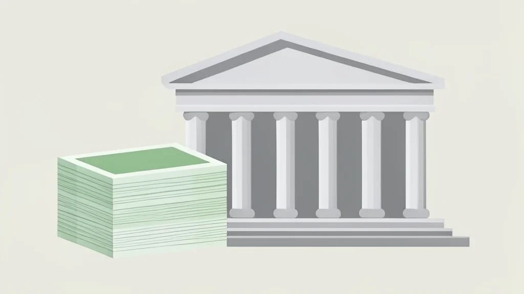 A neat stack of physical currency notes sits beside a classical government building facade.