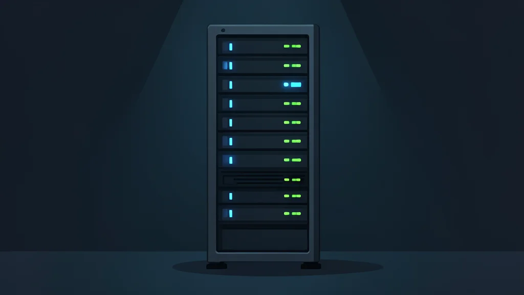 A server rack with blinking status lights in a dimly lit room