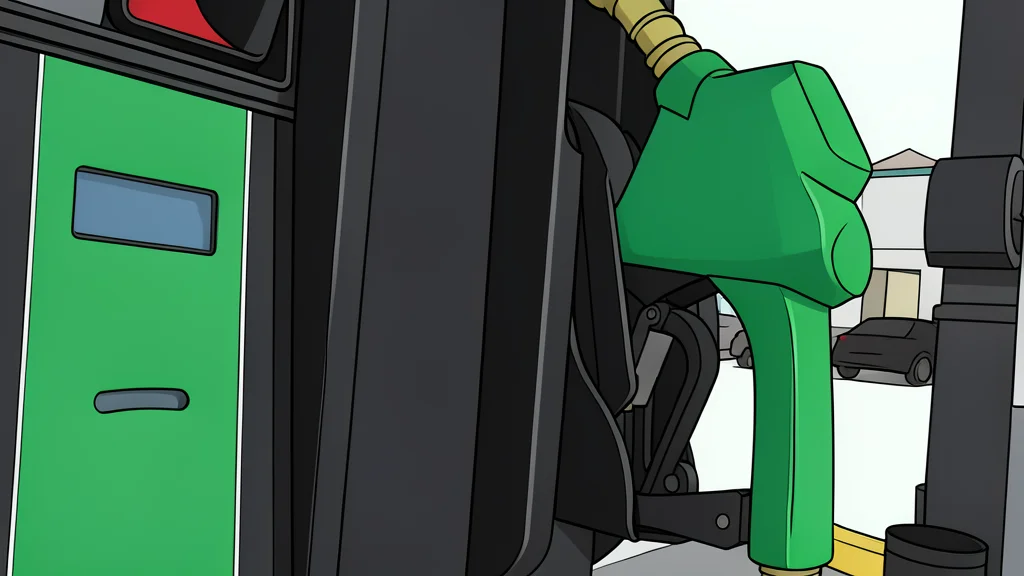 A large industrial oil pump nozzle standing next to a silver metal barrel