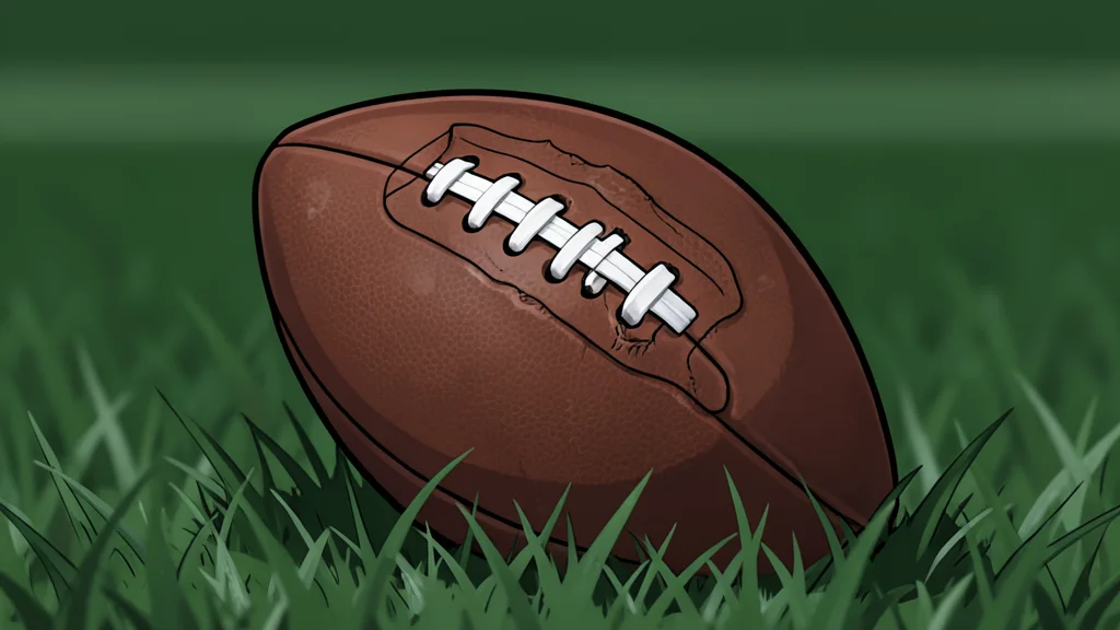 A green and gold football resting on a grass field
