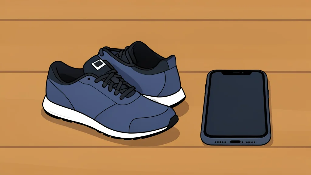 A pair of running shoes resting on a wooden floor next to a smartphone.