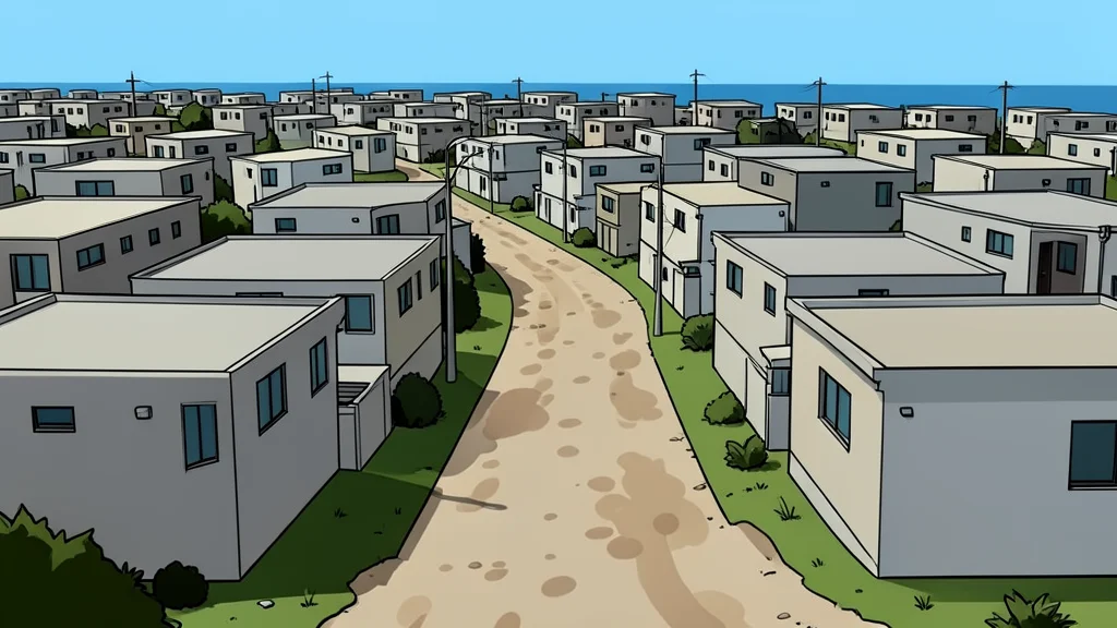 A dusty, unpaved road winding through a dense cluster of low-rise concrete buildings in a coastal urban area.