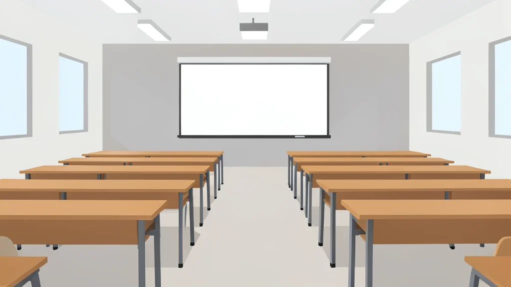 A modern university lecture hall with rows of empty desks and a whiteboard
