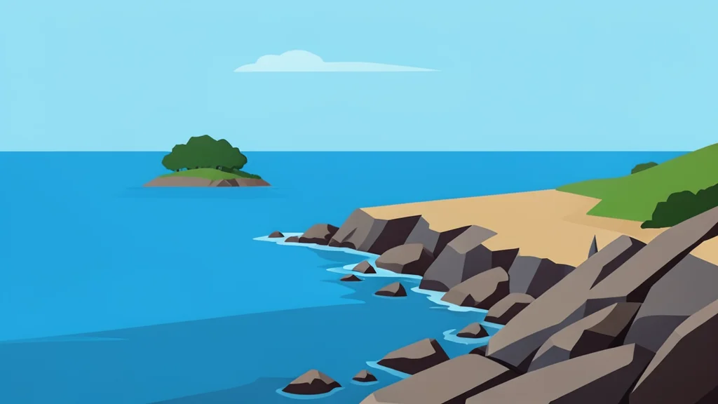 A rocky coastline meets the calm sea with a small island visible in the distance