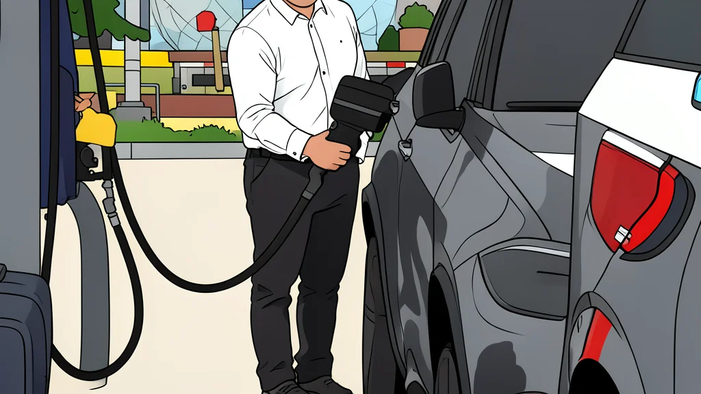 A diesel fuel pump nozzle rests on concrete beside a heavy-duty truck tire.
