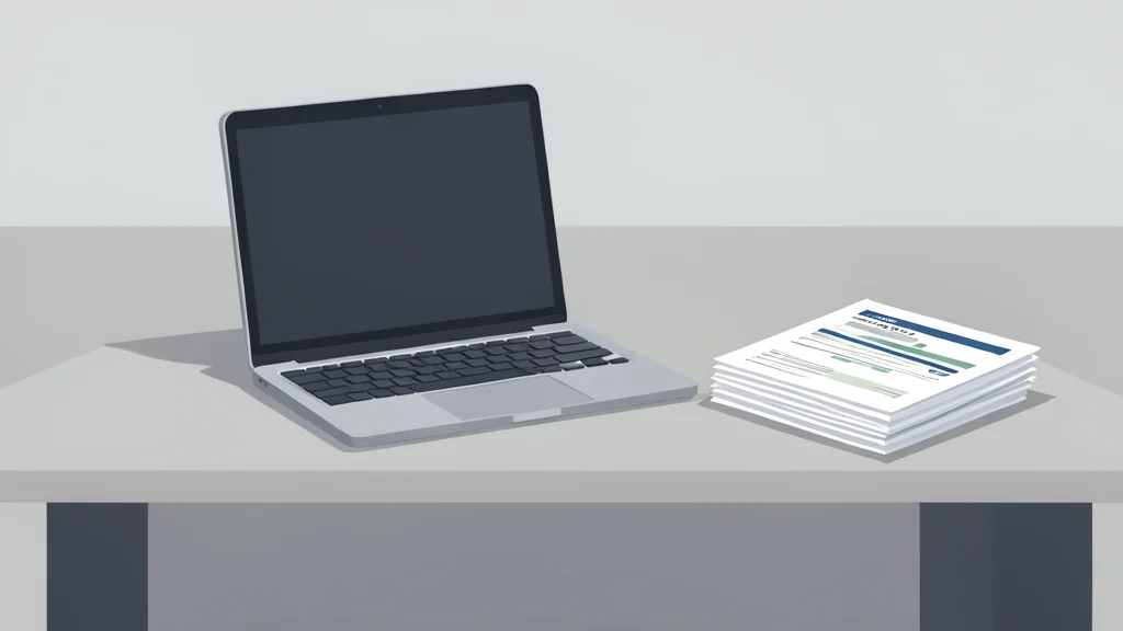 A modern office desk with a laptop and a stack of financial reports