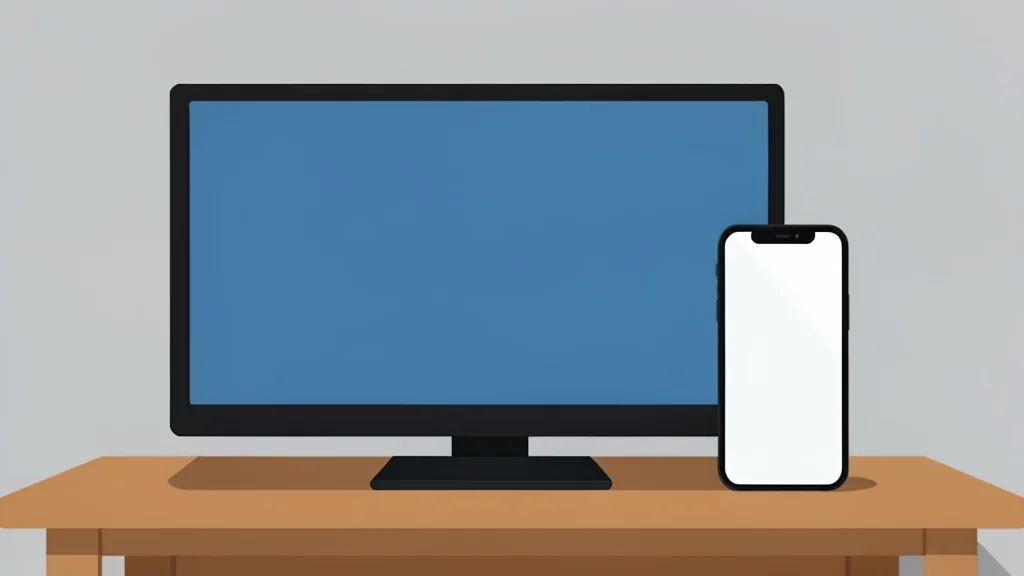 A flat vector illustration of a television and smartphone standing on a wooden surface