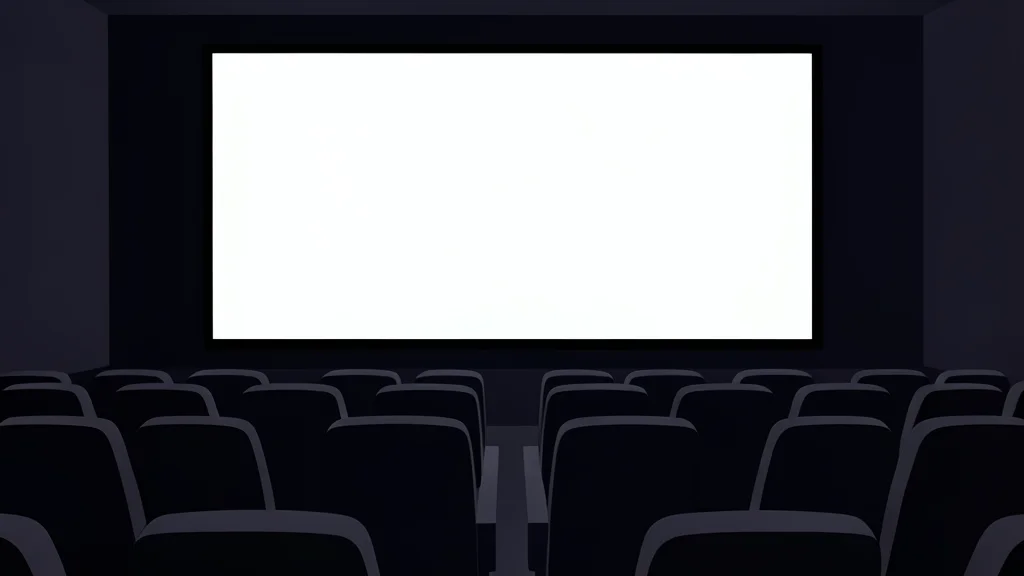 A darkened cinema auditorium with rows of empty seats facing a blank white screen