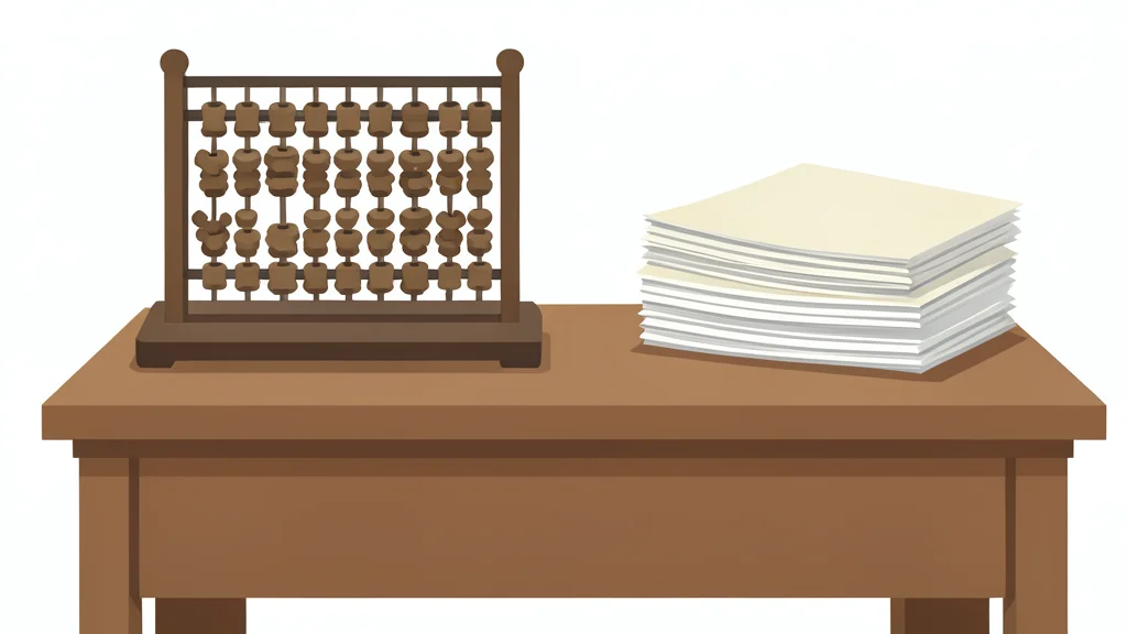 A wooden trading desk with a mechanical abacus and a stack of paper ledgers