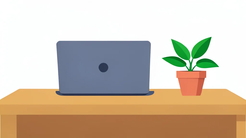 A modern office desk featuring a laptop and a small green potted plant.
