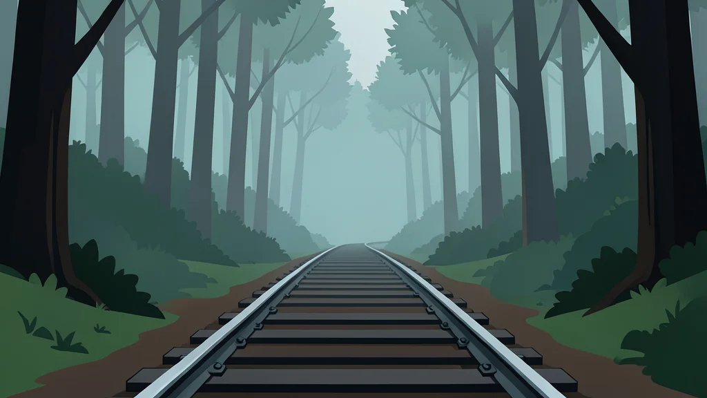 A steel railway track curving through a dense, misty forest