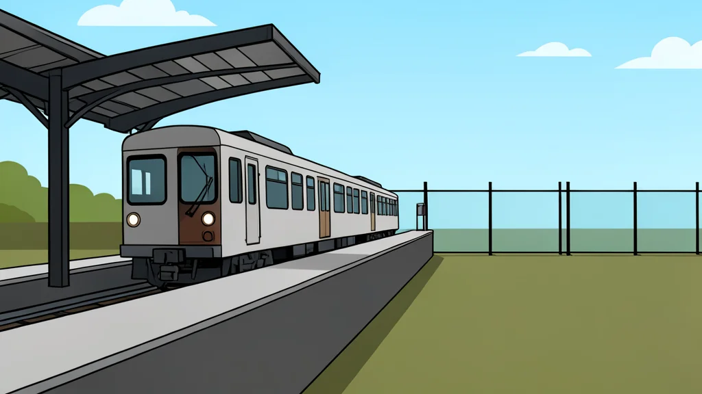 A flat-vector illustration of a railway station platform with a stationary train and a distant fence.