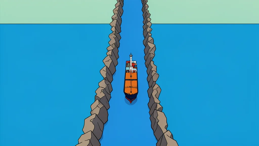 A narrow, rocky strait connecting two large bodies of water with a single oil tanker navigating through the channel