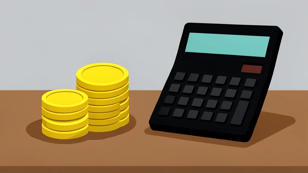 A stack of physical coins and a calculator on a wooden desk