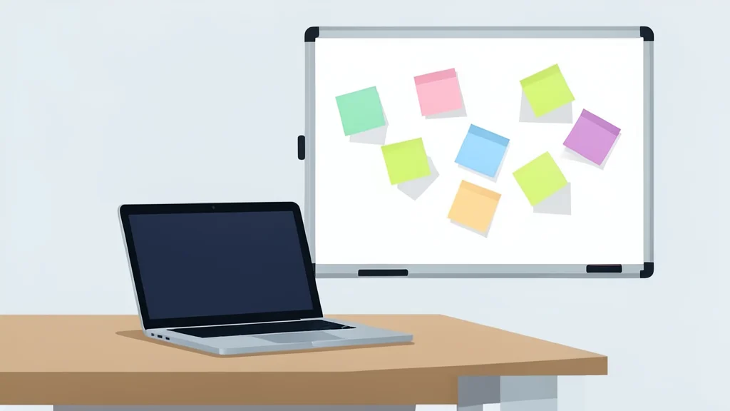 A modern office workspace featuring a laptop and a whiteboard covered in sticky notes.