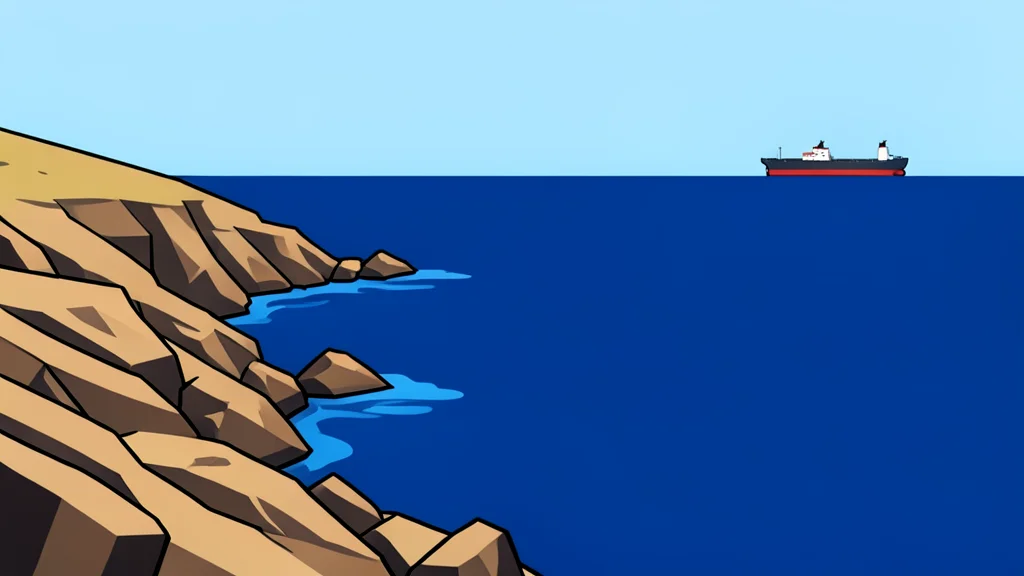 A rocky coastline meeting the deep blue waters of the Red Sea with a distant cargo ship on the horizon