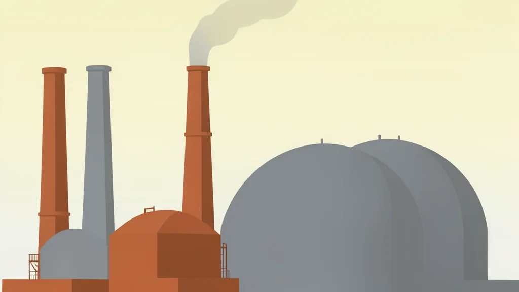 A large industrial refinery complex with tall smokestacks and storage tanks against a hazy sky