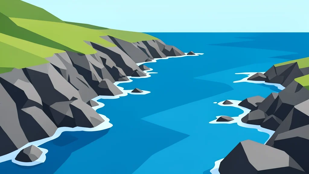 A rocky coastline meeting the sea near a narrow strait