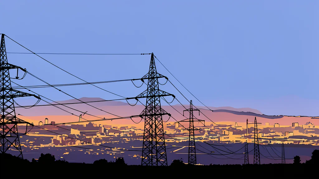 A high-voltage transmission tower standing in a grassy field under a clear sky