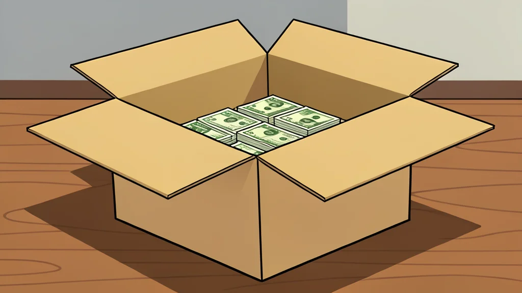 A stack of physical currency notes and a shipping box on a wooden table