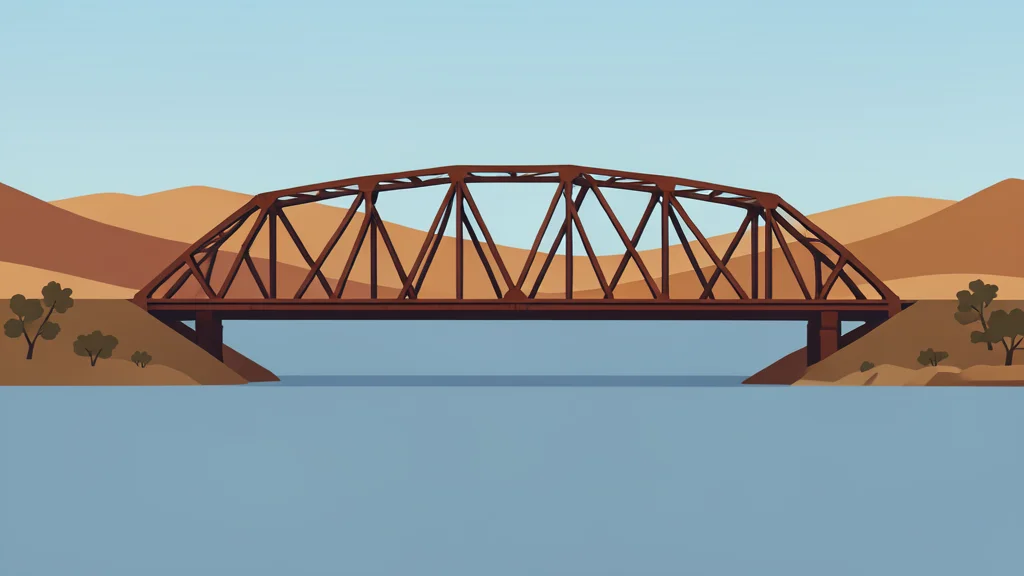 A rusted steel bridge spanning a wide river with a desert landscape in the background