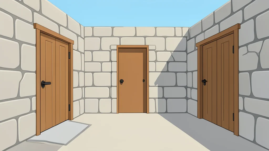 A quiet, sunlit courtyard with simple wooden doors and stone walls, representing a safe shelter.