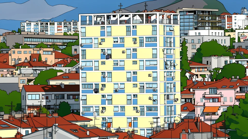 A row of residential apartment buildings with balconies overlooking a calm sea