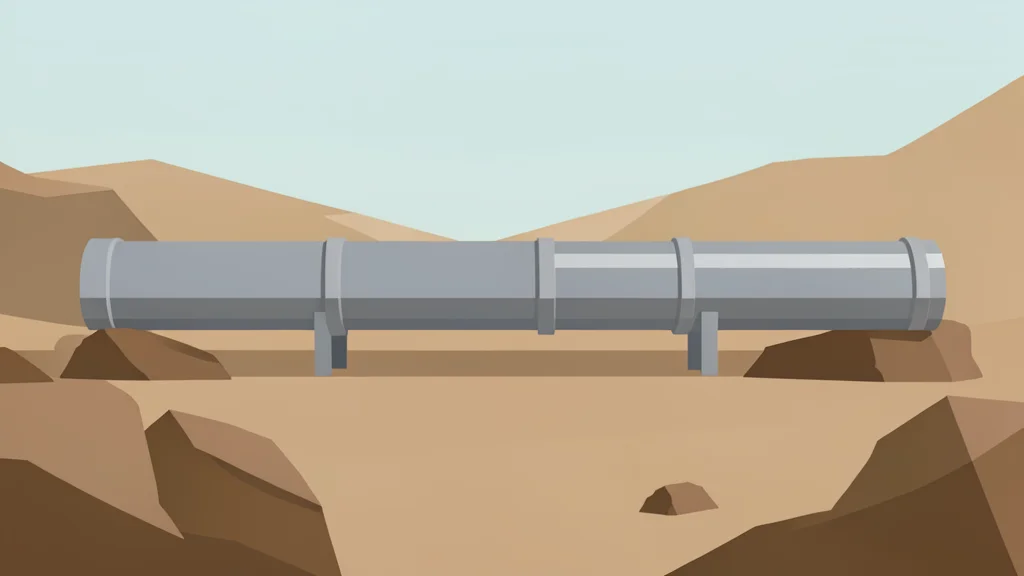 A steel pipeline running through a dry, rocky landscape