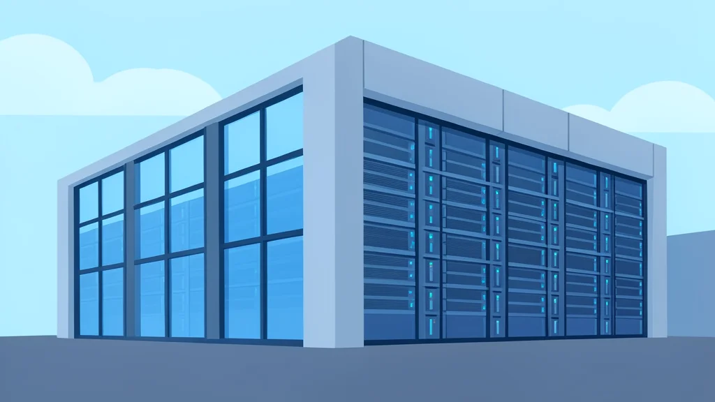 A modern data center building with rows of server racks visible through glass windows.