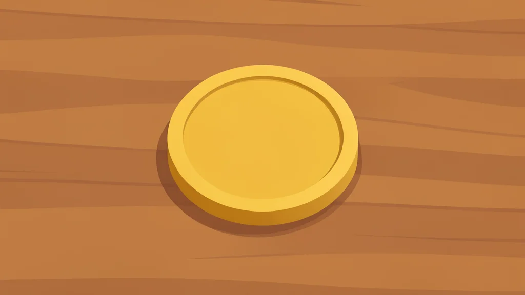 A single gold coin resting on a polished wooden desk surface