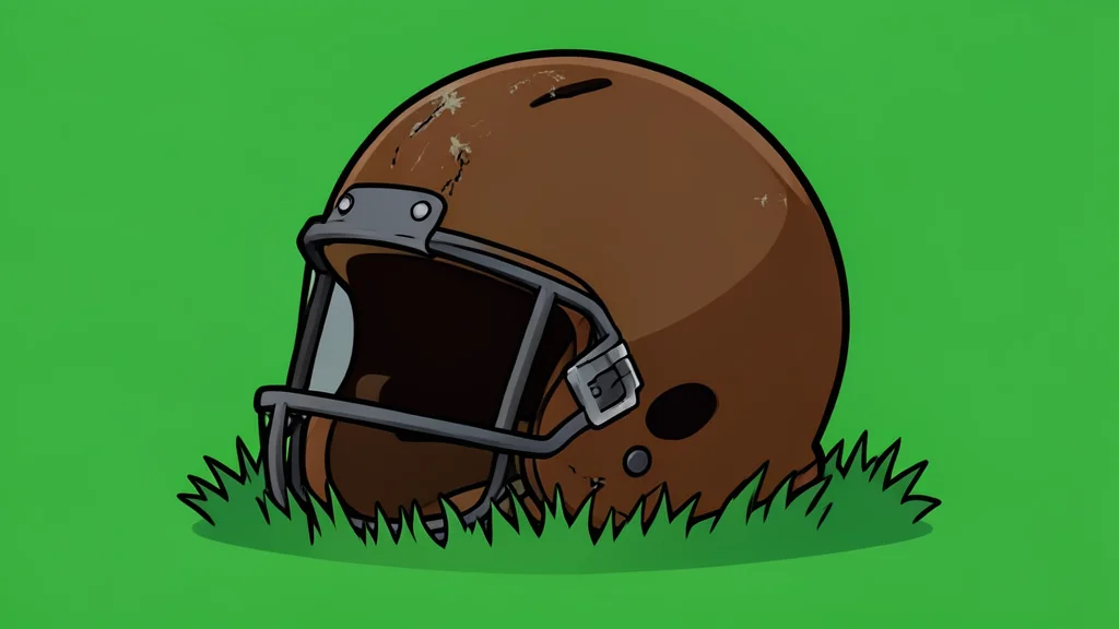 A lone football helmet resting on a grass field