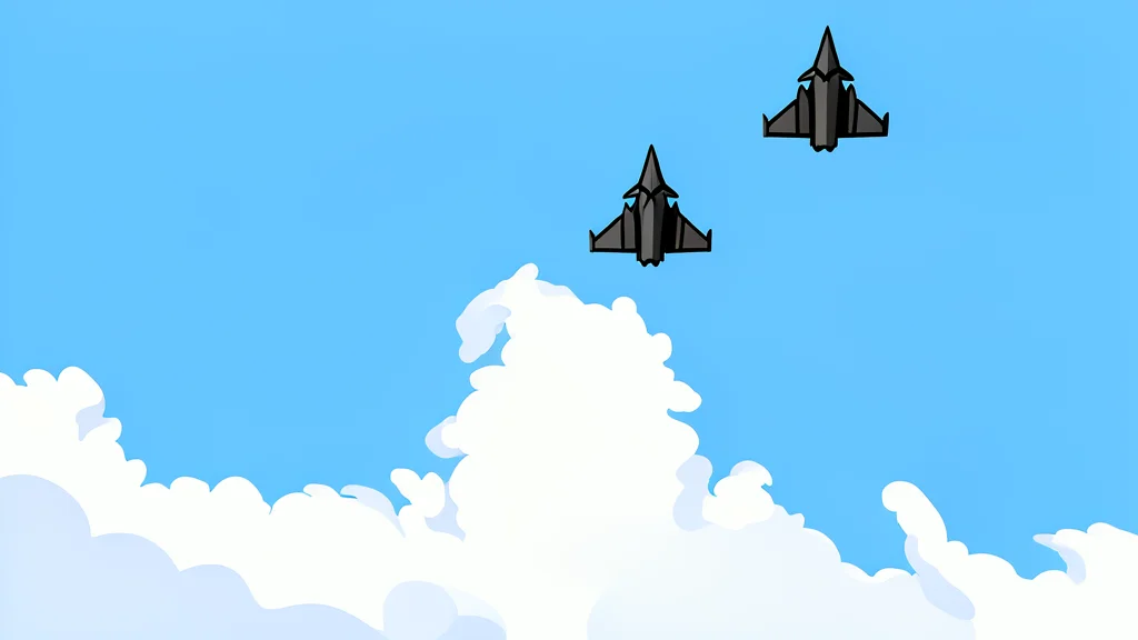 A stylized fighter jet silhouetted against a dark blue night sky above rolling green hills and scattered trees.