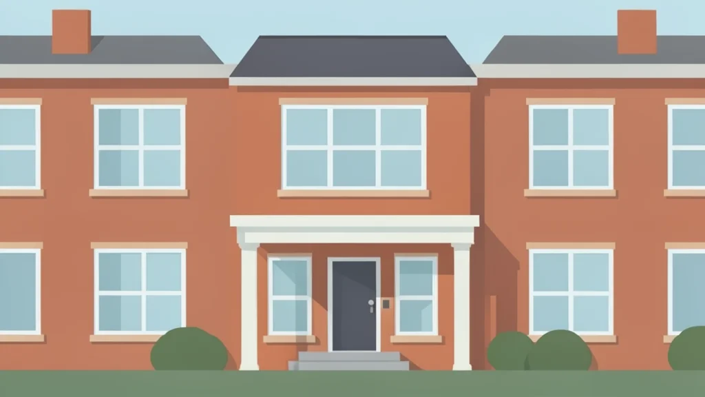 A row of brick residential buildings with large windows and a front porch