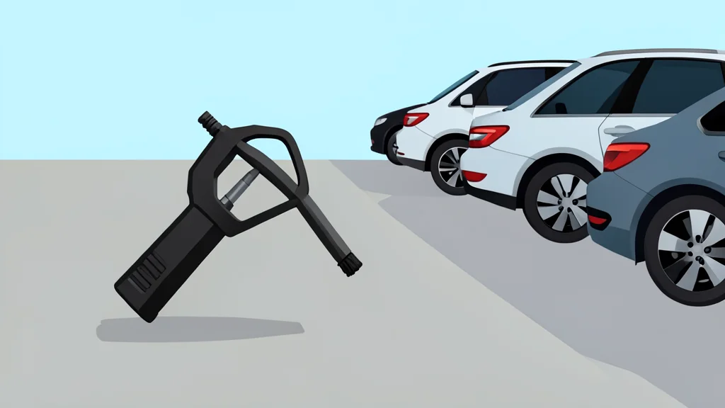A fuel pump nozzle resting on a concrete surface next to a row of parked cars