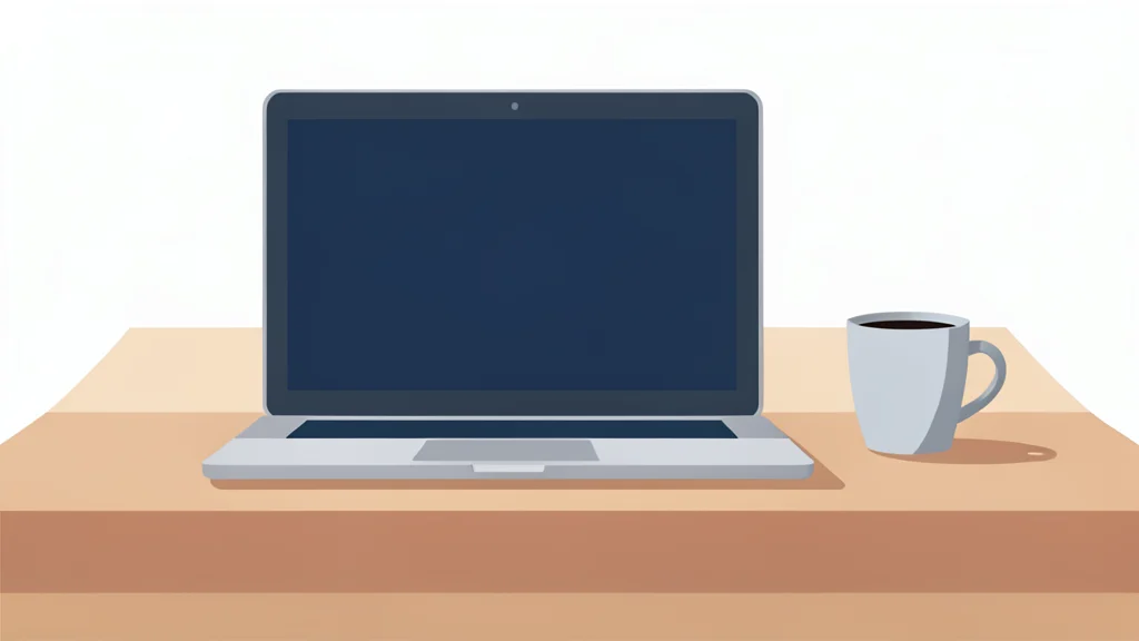 A modern office desk featuring a laptop and a coffee cup