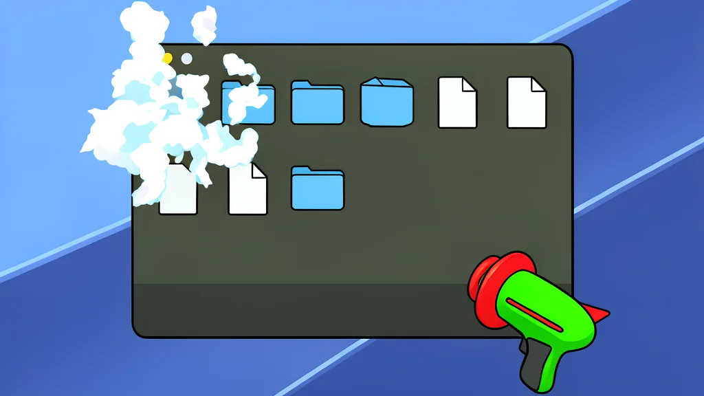 A sleek, metallic laser gun resting on a wooden desk next to a stack of hard drives