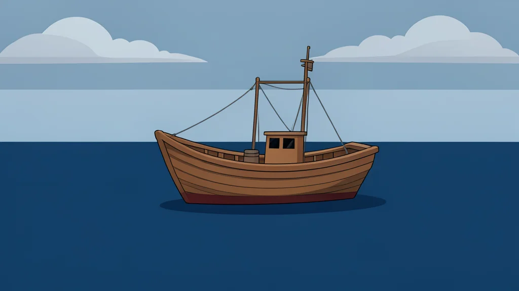 A small wooden fishing boat floating on calm, dark blue ocean water under a cloudy sky