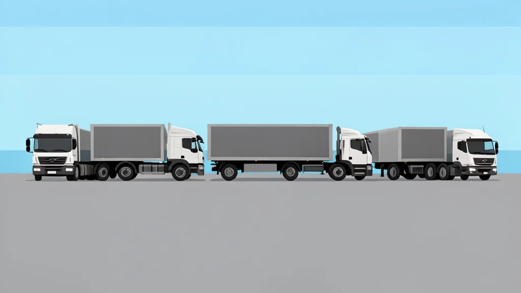 A row of heavy-duty commercial trucks parked in a large open-air industrial yard