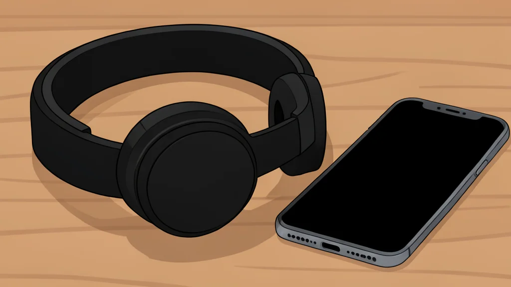 A pair of over-ear headphones resting on a wooden surface next to a smartphone